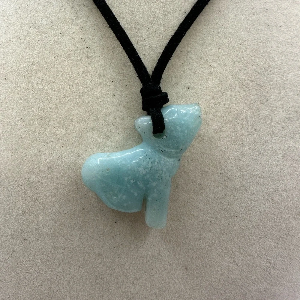 Unique Wolf Shaped Caribbean Calcite Pendant Necklace in Black Faux Suede - Picture 4 of 9